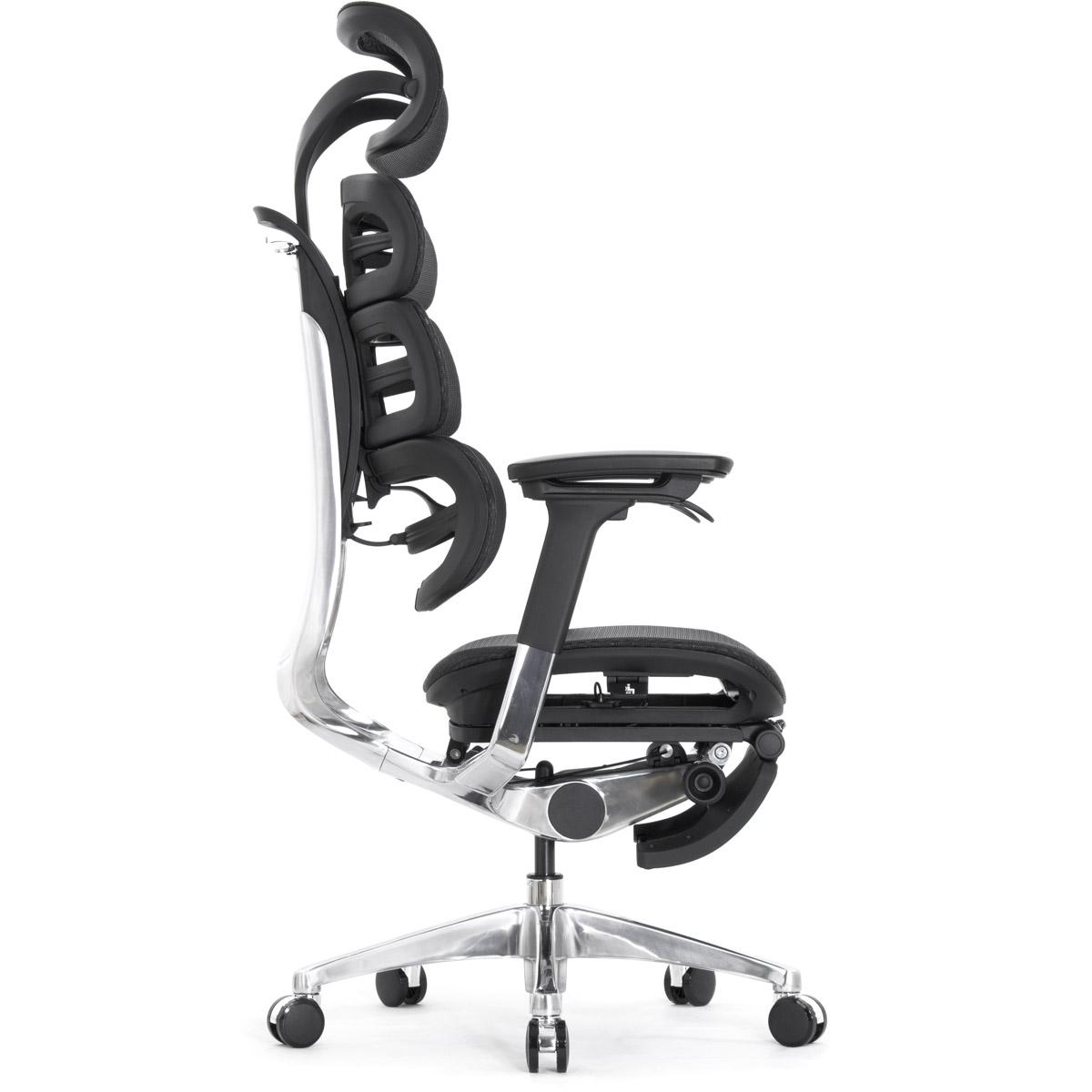 Эргономичное кресло Falto Evolution с подножкой (тихие вставки, управление на подлокотниках, сетка, чёрный)