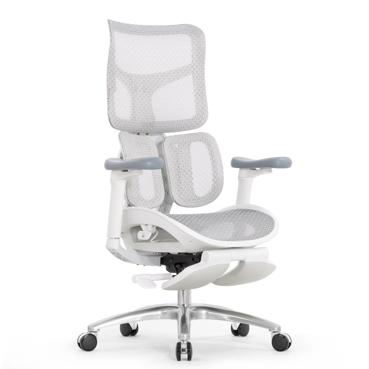 Эргономичное кресло Falto Scala Office с подножкой (разделённый поясничный упор, сетка, каркас белый, серый)