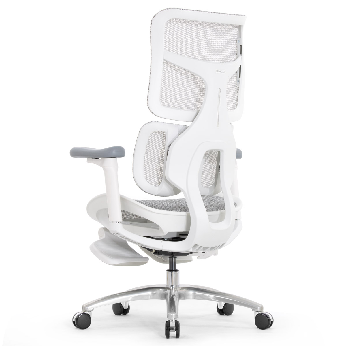 Эргономичное кресло Falto Scala Office с подножкой (разделённый поясничный упор, сетка, каркас белый, серый)